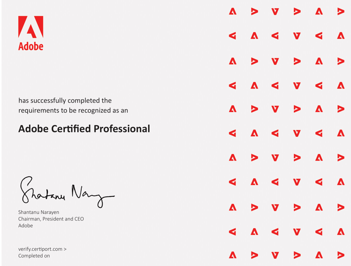 A sample certificate titled "Adobe Certified Professional in Visual Design Using Adobe Photoshop." The certificate features the Adobe logo in the top left corner, the name "Jane Doe," and a signature from Shantanu Narayen, Chairman, President and CEO of Adobe. The right side of the certificate is decorated with a pattern of small red Adobe logos, and the word "SAMPLE" is watermarked diagonally across the center.