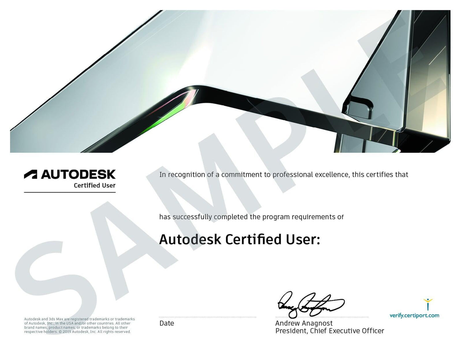 A sample Autodesk Certified User certificate. The certificate features the Autodesk logo and branding