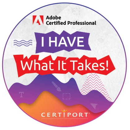 Certiport badge for Adobe Certified Professional with colorful design and text.