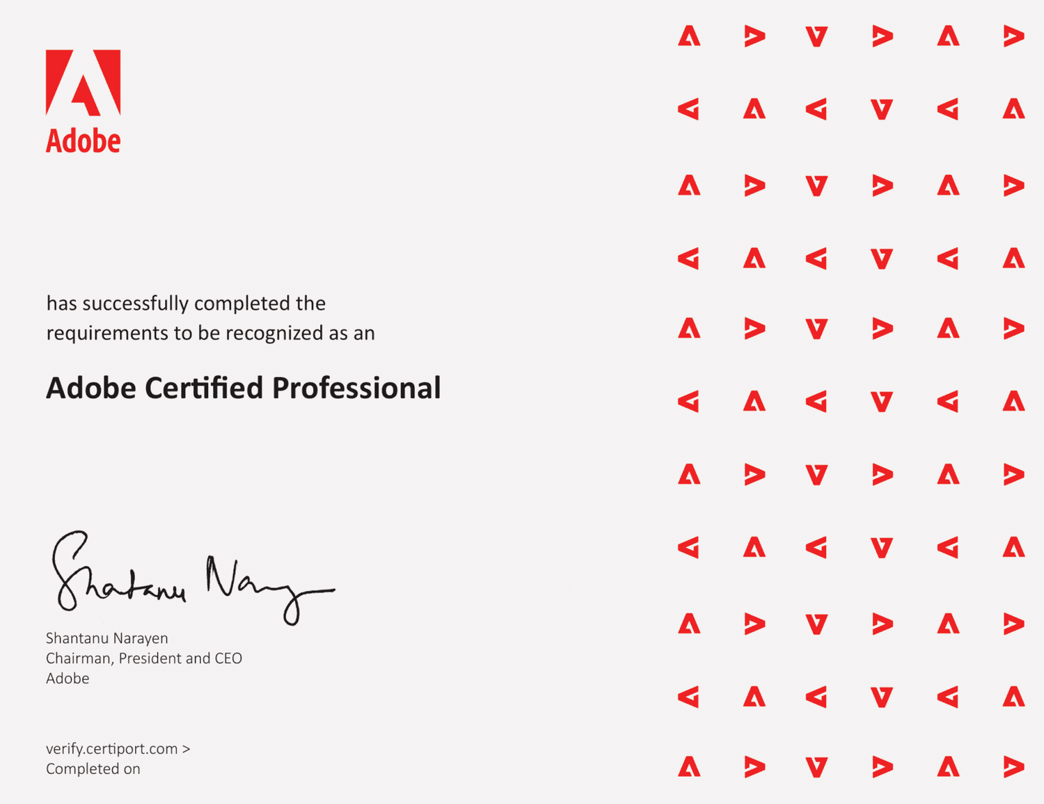 A sample certificate titled "Adobe Certified Professional in Visual Design Using Adobe Photoshop." The certificate features the Adobe logo in the top left corner, the name "Jane Doe," and a signature from Shantanu Narayen, Chairman, President and CEO of Adobe. The right side of the certificate is decorated with a pattern of small red Adobe logos, and the word "SAMPLE" is watermarked diagonally across the center.
