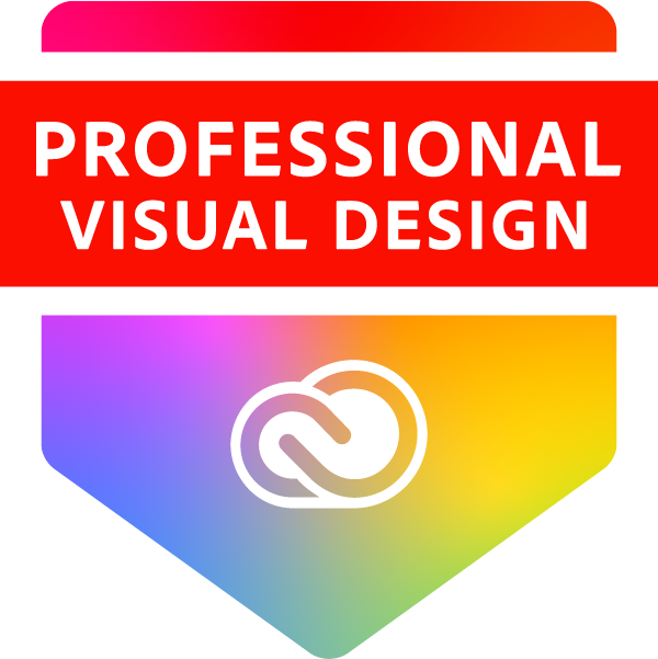 A badge or logo for Professional Visual Design with Adobe Creative Cloud icons in Photoshop and InDesign.