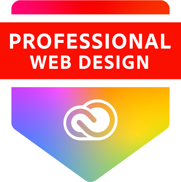 A badge or logo for Professional Web Design with Adobe Creative Cloud icons including Dreamweaver and Photoshop.