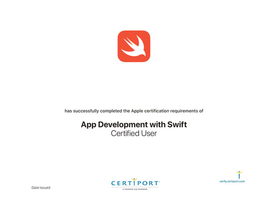 A sample certificate for "App Development with Swift Certified User." At the top center is the Swift logo, a white stylized bird on an orange rounded square.