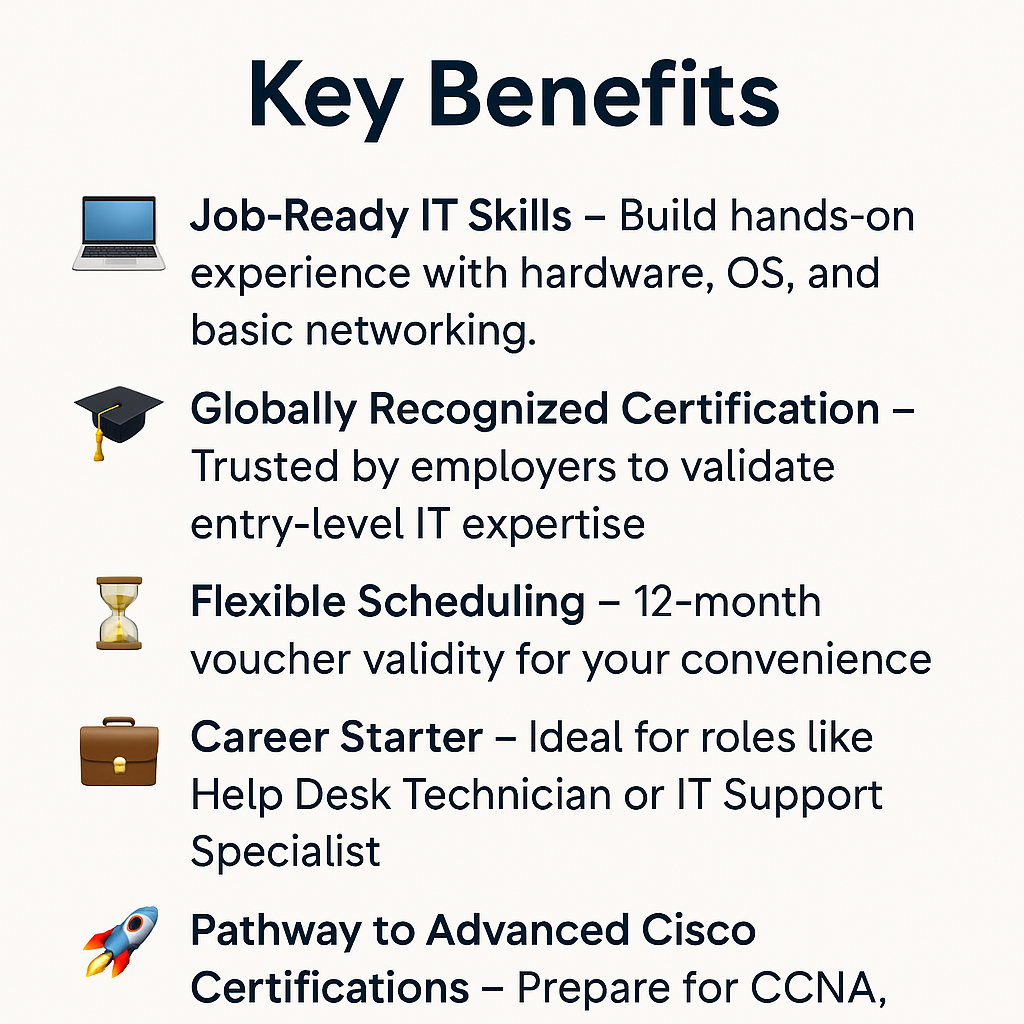 List of key benefits for an IT training program with icons and text.