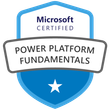 A Microsoft Certified logo featuring the text 'Power Platform Fundamentals' and the Microsoft logo with a blue and white color scheme.