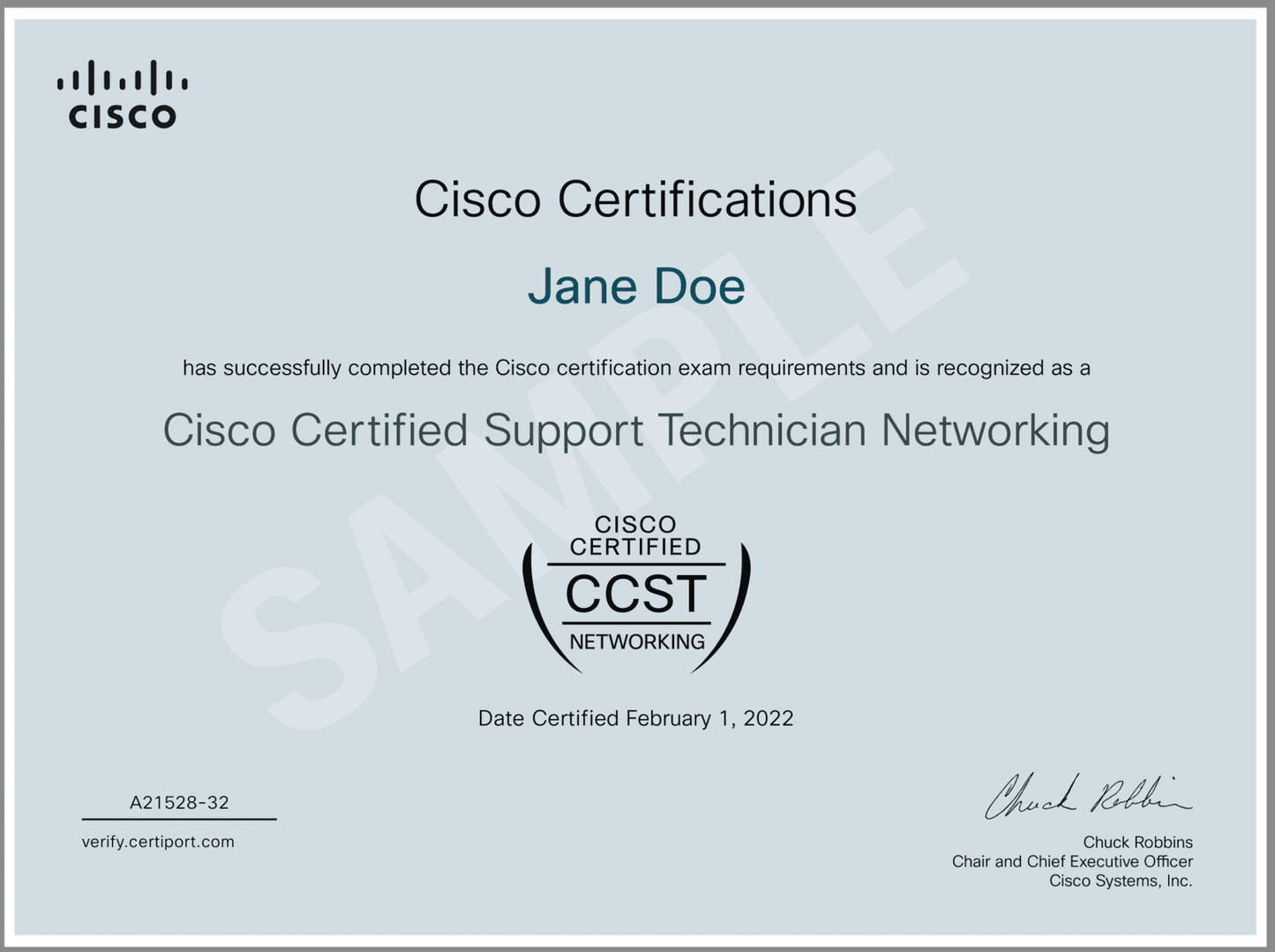 A sample certificate titled "Cisco Certified Support Technician Networking." The certificate features the Cisco logo at the top left, the name "Jane Doe" in blue, and a large "SAMPLE" watermark across the center. It states that the recipient has completed the Cisco certification exam requirements. The certificate includes the CCST Networking badge, a certification date of February 1, 2022, and a signature from Chuck Robbins, Chair and Chief Executive Officer of Cisco Systems, Inc.