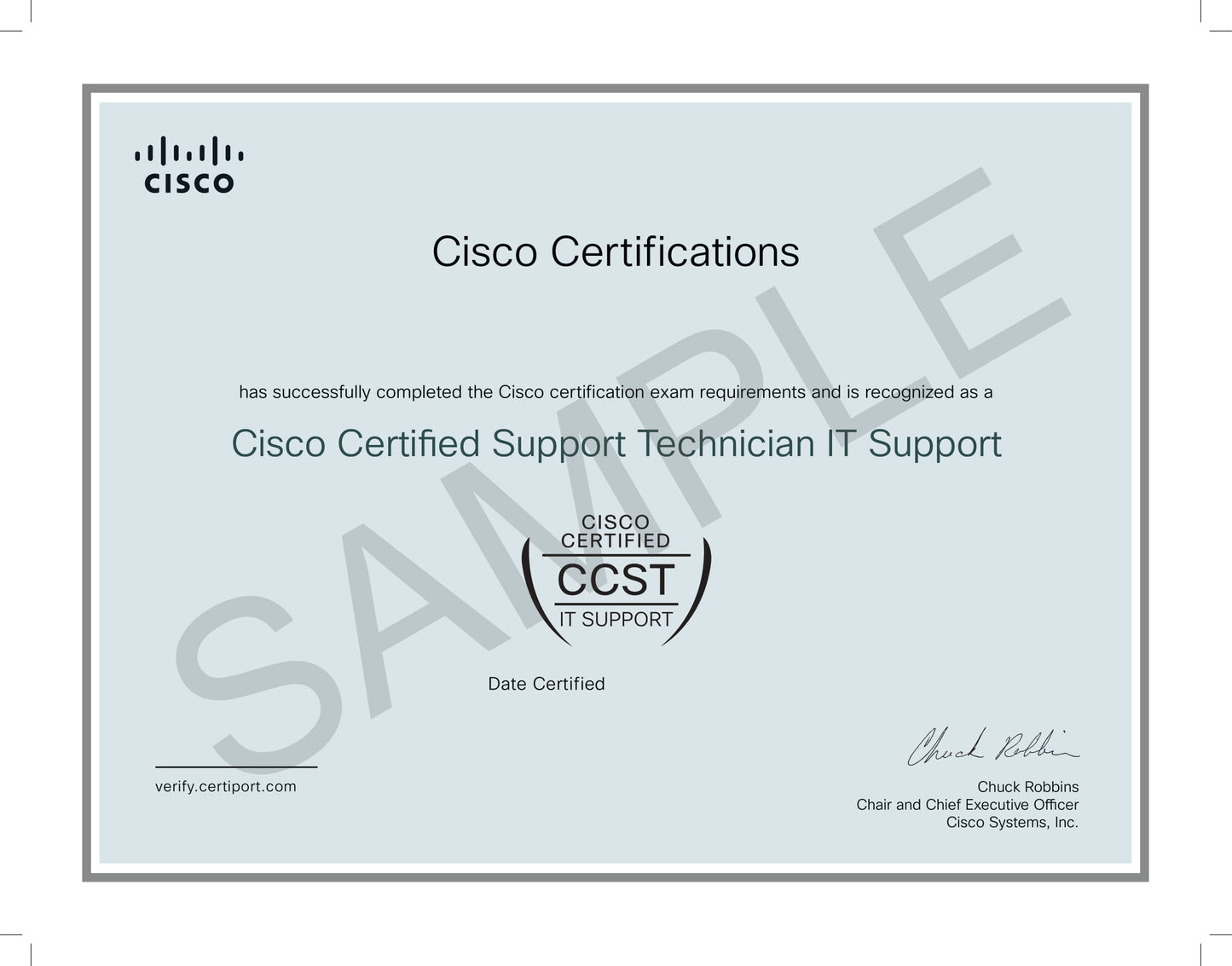 Cisco Certified Support Technician IT Support certificate with Cisco logo