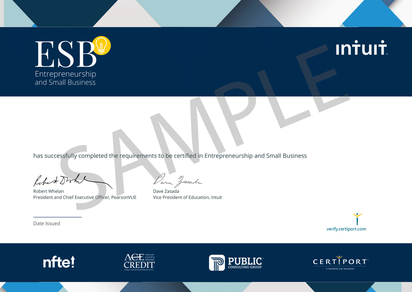 Entrepeneurship and Small Business (ESB) sample certificate.