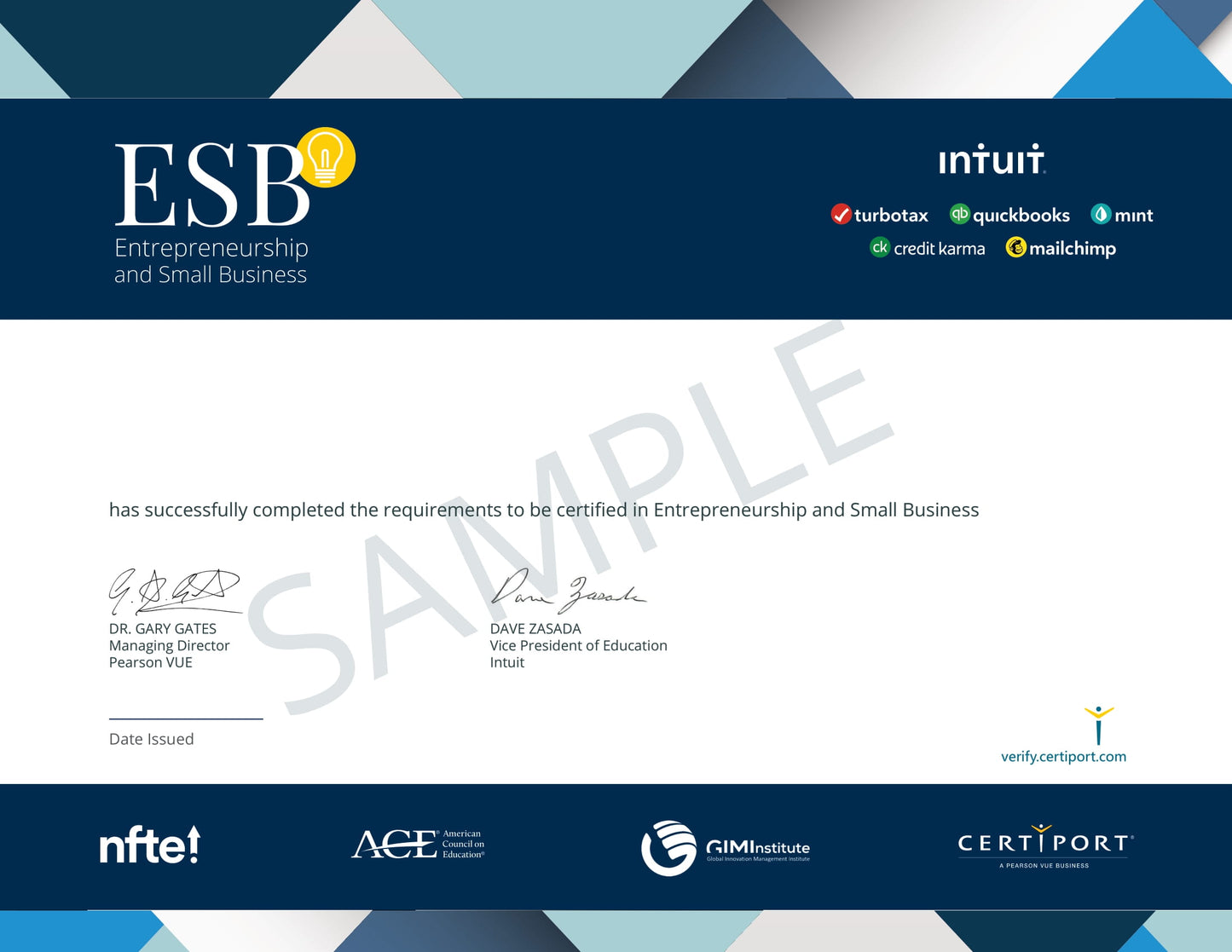 Certification in Entrepreneurship and Small Business from Intuit with multiple logos at the bottom.