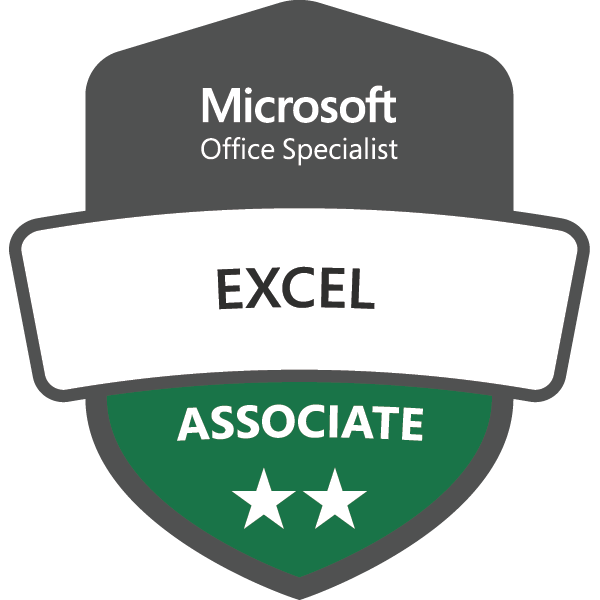 A badge for Microsoft Office Specialist certification in Excel with a green and white color scheme, indicating a passing grade.