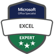 A badge indicating Microsoft Office Specialist: Excel Expert certification with the Microsoft logo on the top and the text 'Excel Expert' on the bottom.