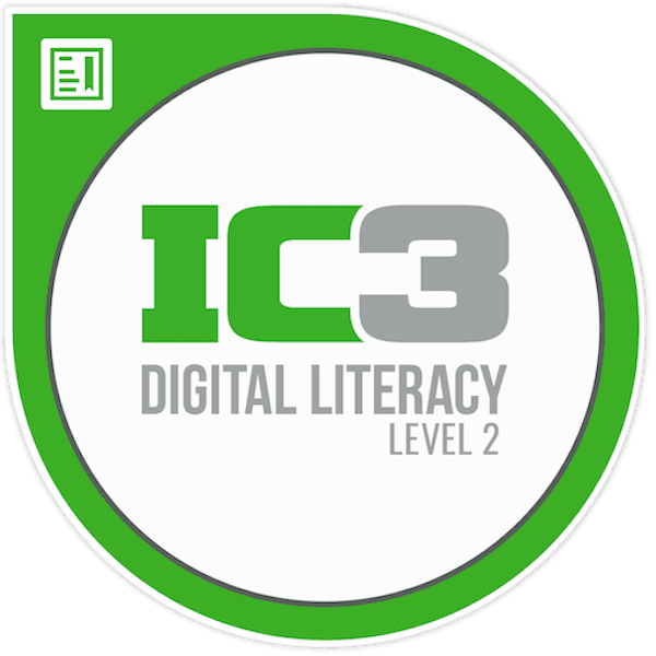A logo for IC3 Digital Literacy Level 2, featuring green and white colors with text and a check mark symbol.