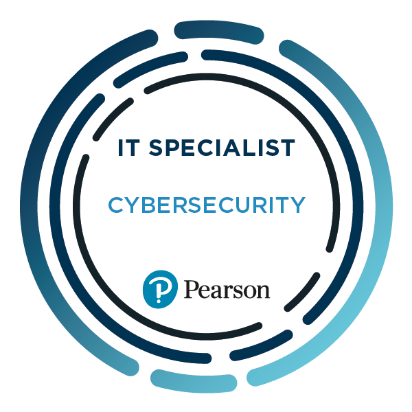Pearson IT Specialist Cybersecurity digital badge with a circular blue border design