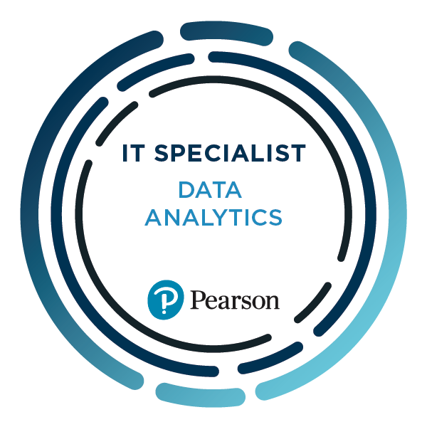 Pearson IT Specialist Data Analytics digital badge with a circular blue border design