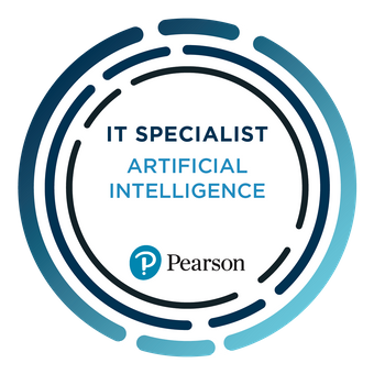 Pearson IT Specialist Artificial Intelligence digital badge with a circular blue border design