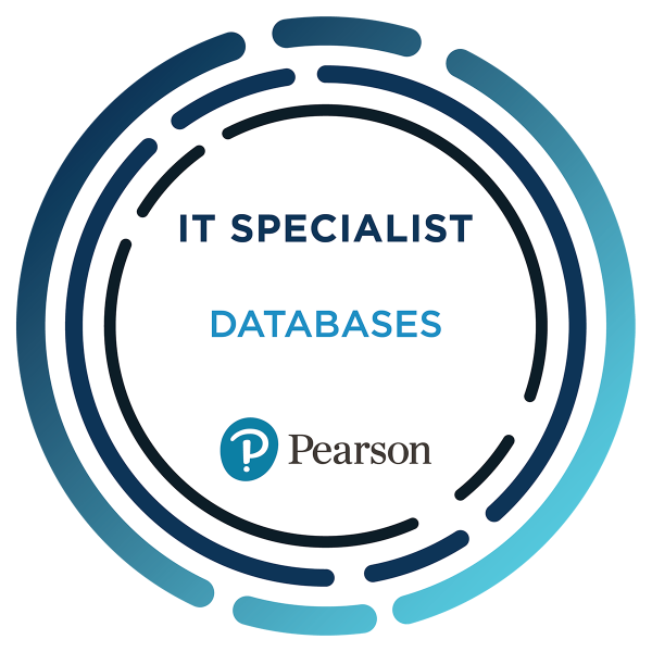 Pearson IT Specialist certification badge for Databases, featuring a blue circular design with text in the center.
