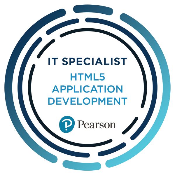 A circular graphic with text 'IT Specialist HTML5 Application Development' and the Pearson logo in the center.