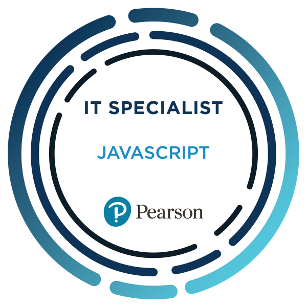 A circular graphic with 'IT SPECIALIST JAVASCRIPT' text in the center, and the Pearson logo at the bottom.