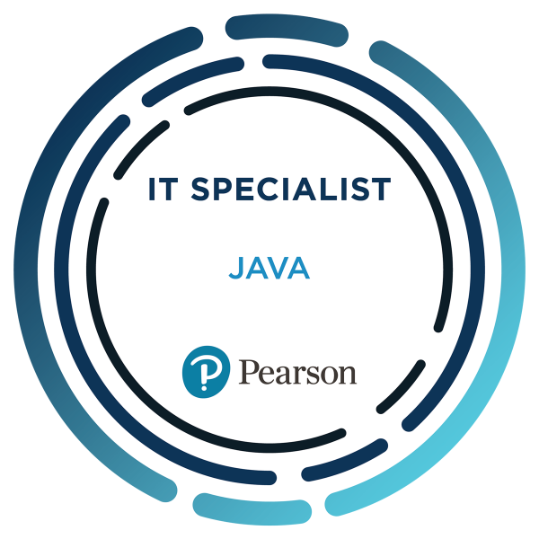 A circular graphic with 'IT SPECIALIST' text in the center and 'JAVA' text below it, with a blue and white color scheme and the Pearson logo at the bottom.