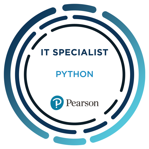 A circular blue and white design with the text 'IT SPECIALIST' in the center and the 'Pearson' brand logo at the bottom.