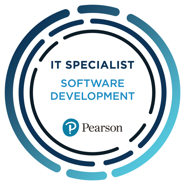 A circular blue badge with the text 'IT Specialist Software Development' and the Pearson logo in the center.