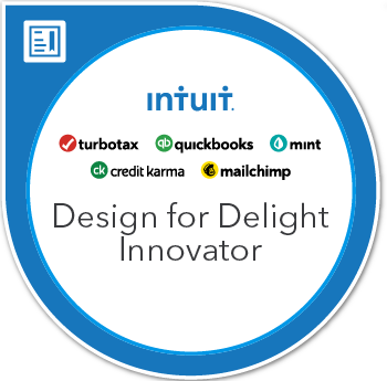 A circular blue label with the Intuit logo and text 'DESIGN FOR DELIGHT INNOVATOR' along with icons representing different Intuit products such as TurboTax, QuickBooks, MailChimp, and Credit Karma.