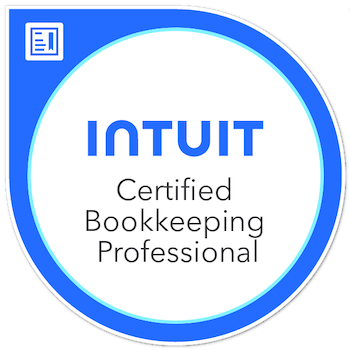 A round blue and white logo for Intuit Certified Bookkeeping Professional, with the Intuit logo in white and the words 'Certified Bookkeeping Professional' in blue.