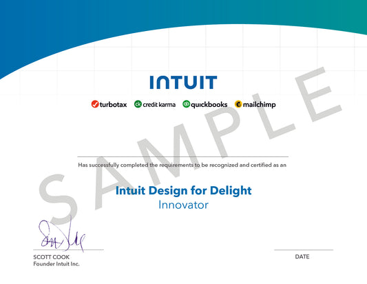 A sample Intuit Design for Delight Innovator certificate. The certificate features a blue and teal curved header at the top, with the Intuit logo centered below it.