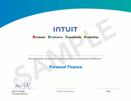 A sample Intuit Personal Finance certificate. The certificate features a blue and teal curved header at the top, with the Intuit logo centered below it. Under the logo are the product logos for TurboTax, Credit Karma, QuickBooks, and Mailchimp.