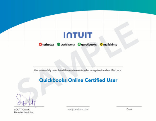 A sample Intuit QuickBooks Online Certified User certificate. The certificate features a blue and teal curved header at the top, with the Intuit logo centered below it. Under the logo are the product logos for TurboTax, Credit Karma, QuickBooks, and Mailchimp.