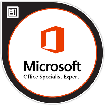 A digital badge featuring the Microsoft Office logo in orange above the text "Microsoft Office Specialist Expert" on a white circular background with an orange border. The badge has a black outer edge and a small icon of a certificate in the top left corner.
