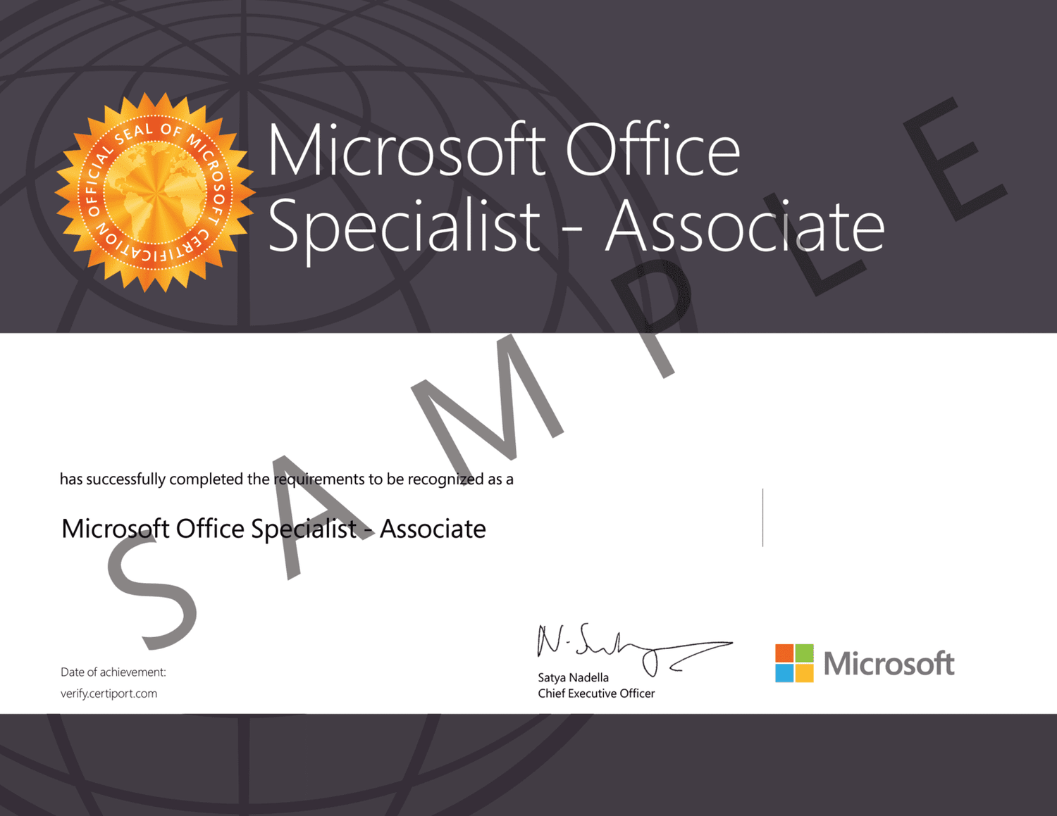 Sample Microsoft Office Specialist (MOS) Associate certificate showing completion recognition with Microsoft logo, signature of CEO Satya Nadella, and verification link.