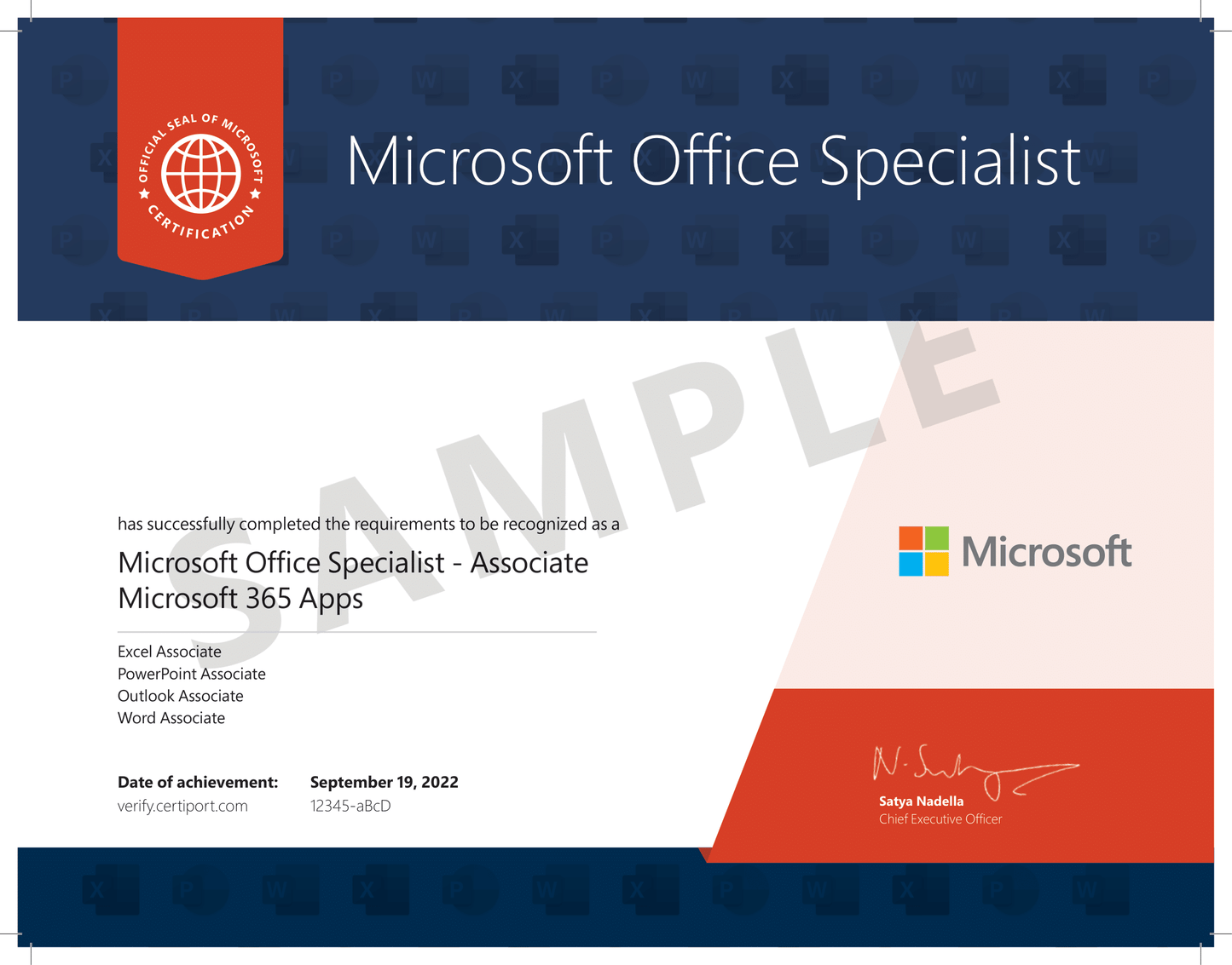 A sample certificate for "Microsoft Office Specialist - Associate, Microsoft 365 Apps." The certificate features the Microsoft logo, a blue and orange design, and a signature from Satya Nadella, Chief Executive Officer. It lists the achievement date as September 19, 2022, and includes the certification areas: Excel Associate, PowerPoint Associate, Outlook Associate, and Word Associate. The word "SAMPLE" is watermarked across the certificate.