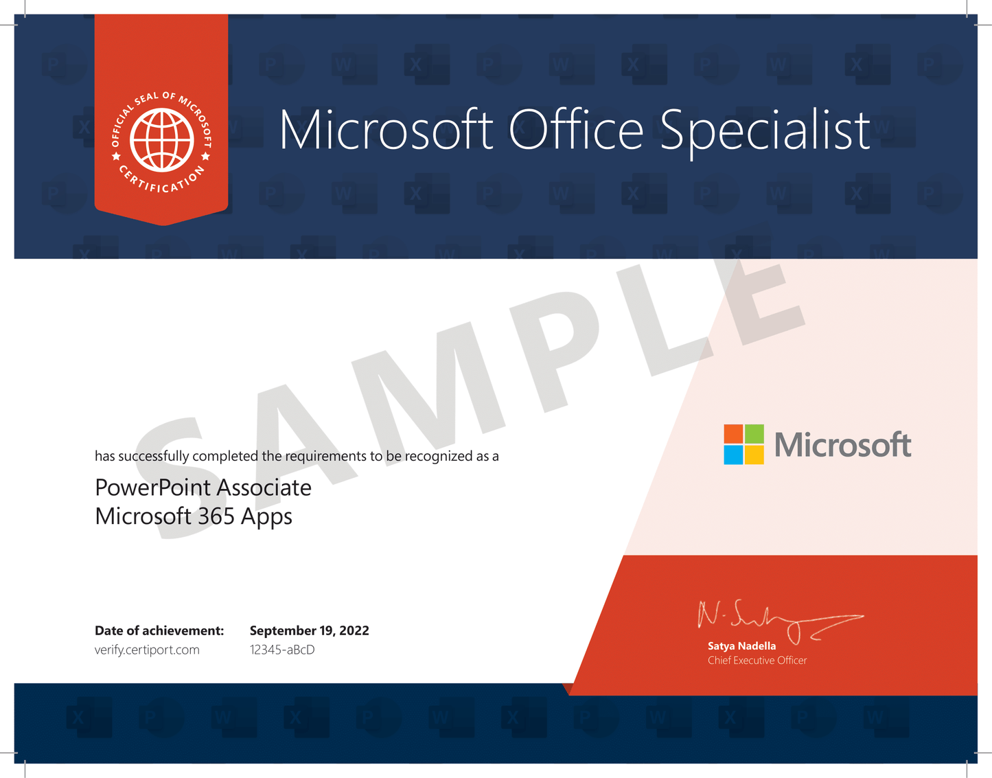 A sample certificate titled "Microsoft Office Specialist." The certificate recognizes completion as a "PowerPoint Associate, Microsoft 365 Apps." It features the Microsoft logo, a signature from Satya Nadella (Chief Executive Officer), a red and blue design, and a large "SAMPLE" watermark across the center. The date of achievement is September 19, 2022.