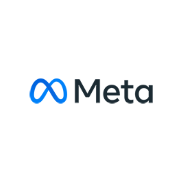 Meta logo with blue and black design on a white background