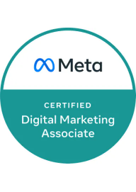 A circular green badge with the Meta logo and the text 'Certified Digital Marketing Associate'.