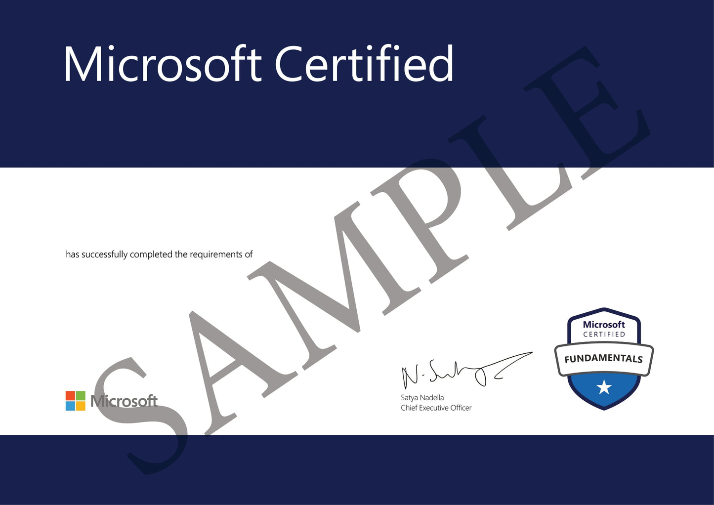 Microsoft Certified badge with 'Sample' text on a blue background