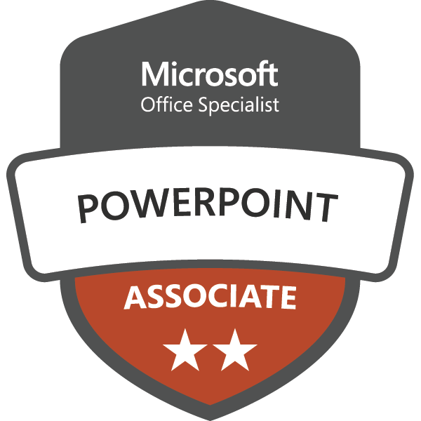 A digital badge or seal representing Microsoft Office Specialist certification in PowerPoint with the title 'PowerPoint Associate' and the Microsoft Office Specialist logo.