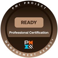 A circular PMI Project Management Ready Certification logo with a brown background, featuring the PMI Management logo and the text 'PROFESSIONAL CERTIFICATION'.