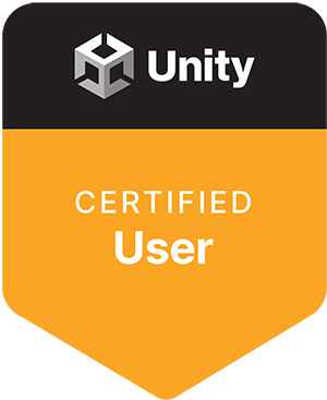 A badge with a black top section and an orange bottom section. The black section features the Unity logo (a geometric cube) and the word "Unity" in white