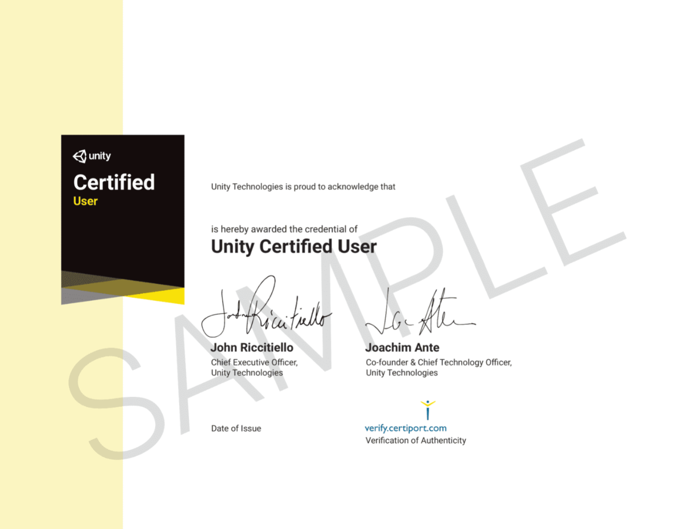 A sample Unity Certified User certificate. The left side features a black box with the Unity logo and the words "Certified User" in white and yellow. The main text states that Unity Technologies is proud to acknowledge the recipient as a Unity Certified User.