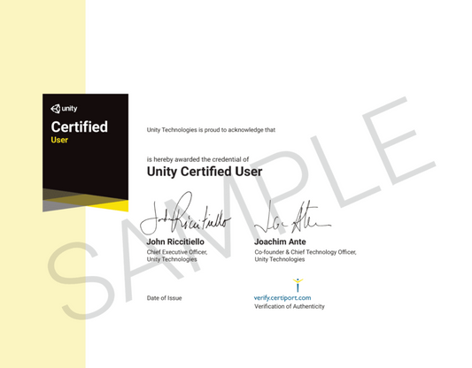 A sample Unity Certified User certificate. The left side features a black box with the Unity logo and the words "Certified User" in white and yellow. The main text states that Unity Technologies is proud to acknowledge the recipient as a Unity Certified User.