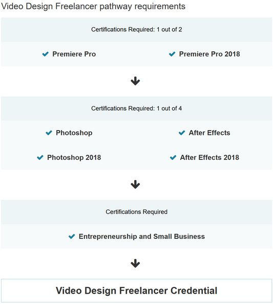 Flowchart detailing video design freelancer pathway requirements with certification checkmarks.