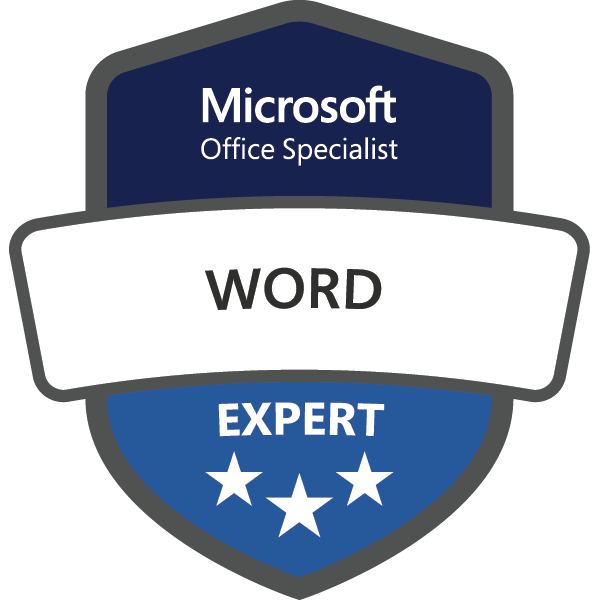 A badge indicating Microsoft Office Specialist certification in Word Expert, with a blue background and stars around the border.