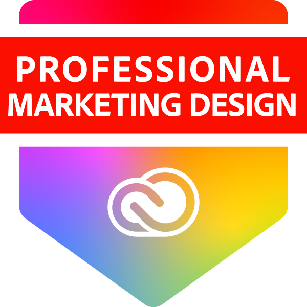 Badge with a red banner at the top displaying the words "Professional Marketing Design" in white text. Below the banner is a shield shape with a gradient background in purple, pink, yellow, green, and blue, featuring a white interlocking loop icon in the center.