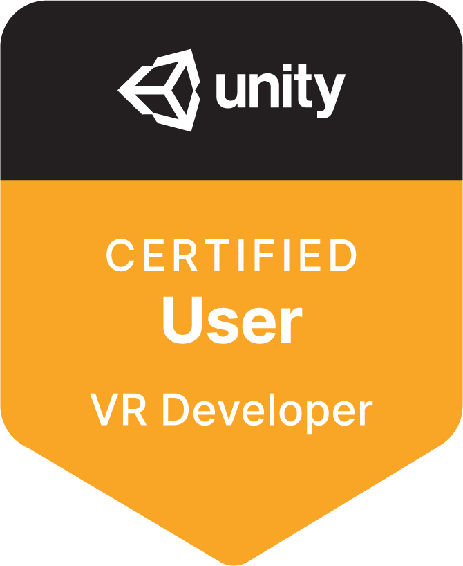 A digital badge for Unity Certified VR Developer, showing the Unity logo and the text 'Certified User - VR Developer' on a orange and black banner.