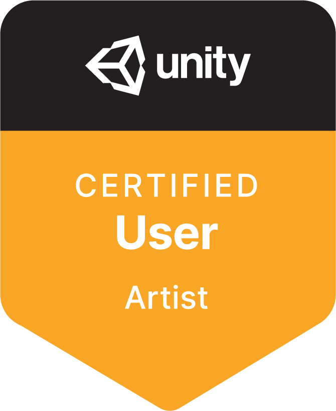 A digital badge featuring the Unity logo and the text 'Certified User Artist' with an orange and black color scheme.