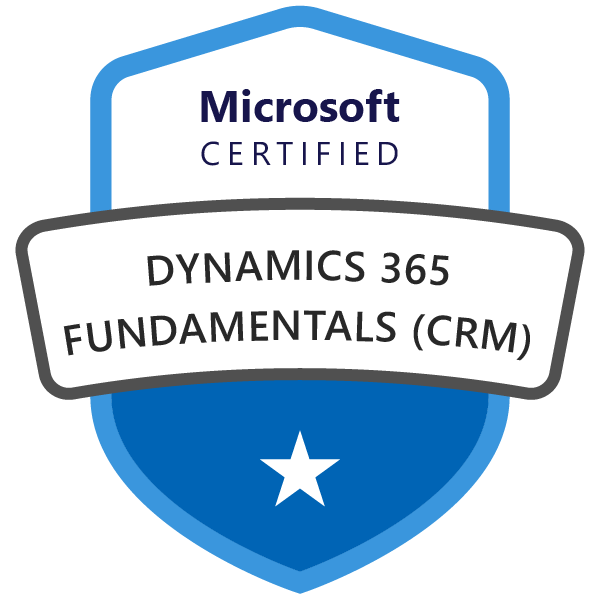 A badge featuring the Microsoft Certified logo with the text 'Dynamics 365 Fundamentals (CRM)'. The badge is blue with a white shield-like background and a star symbol.