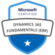 A Microsoft Certified logo featuring the text 'Dynamics 365 Fundamentals ERP' with a blue and white color scheme.