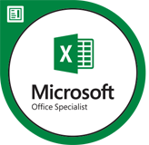 A green circle with the Microsoft Office Specialist logo, featuring the Microsoft Excel logo and the text 'Microsoft Office Specialist'.